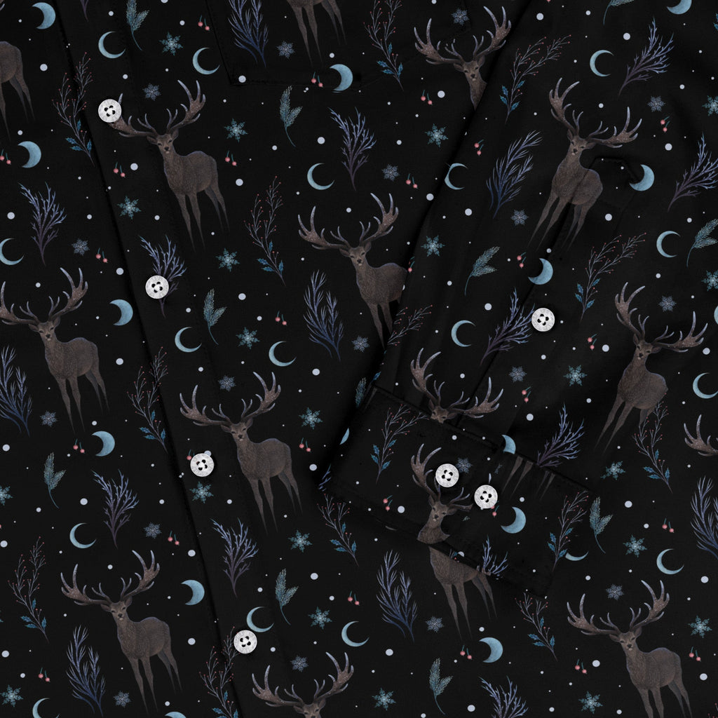 Winter Deer Long Sleeve Button Up Shirt Geek Nerd adult sizing Botany Print Christmas Print