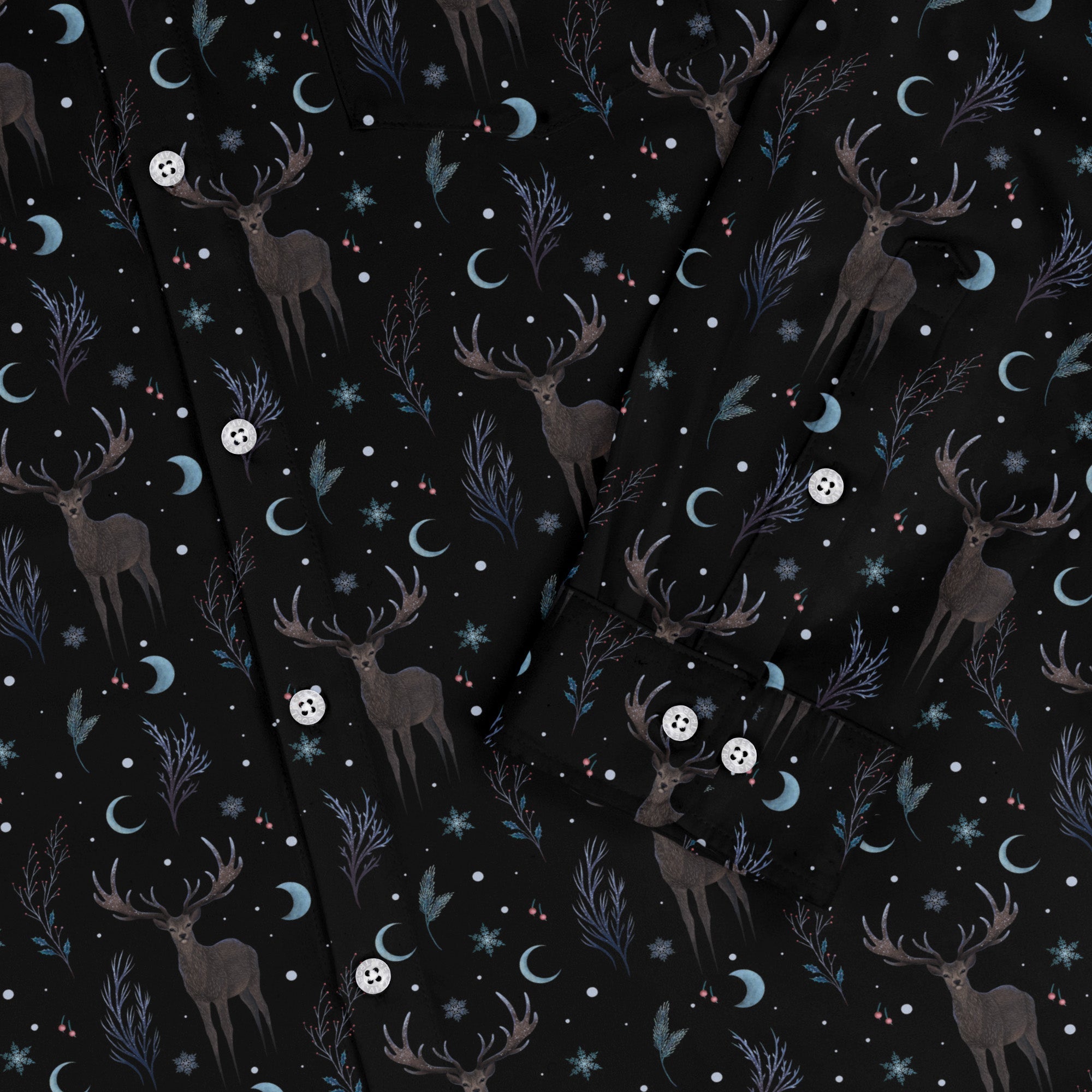 Winter Deer Long Sleeve Button Up Shirt Geek Nerd adult sizing Botany Print Christmas Print