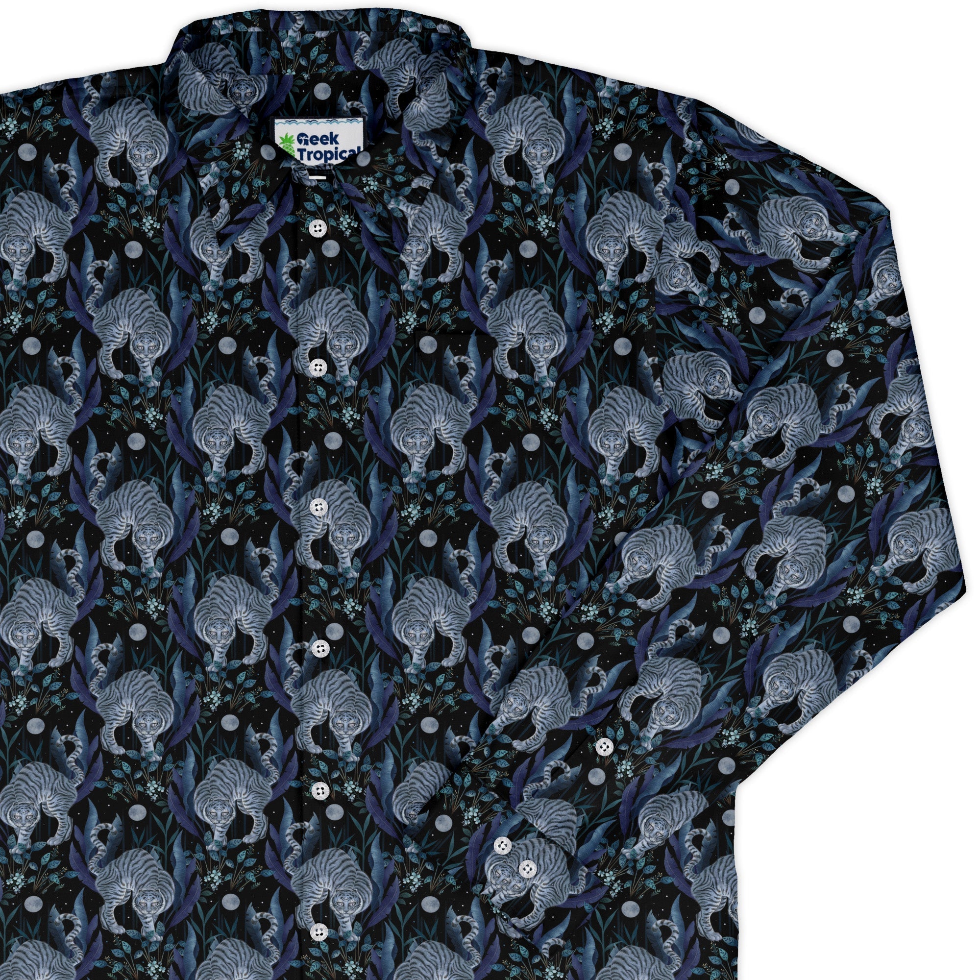 Year of the Tiger Blue Long Sleeve Button Up Shirt Geek Nerd adult sizing Botany Print Design by Episodic
