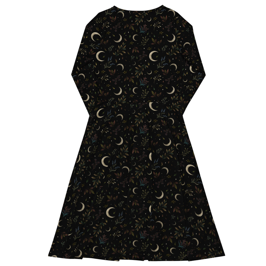 Nerdy Episodic Crescent Moon Garden Long Sleeve Midi Dress