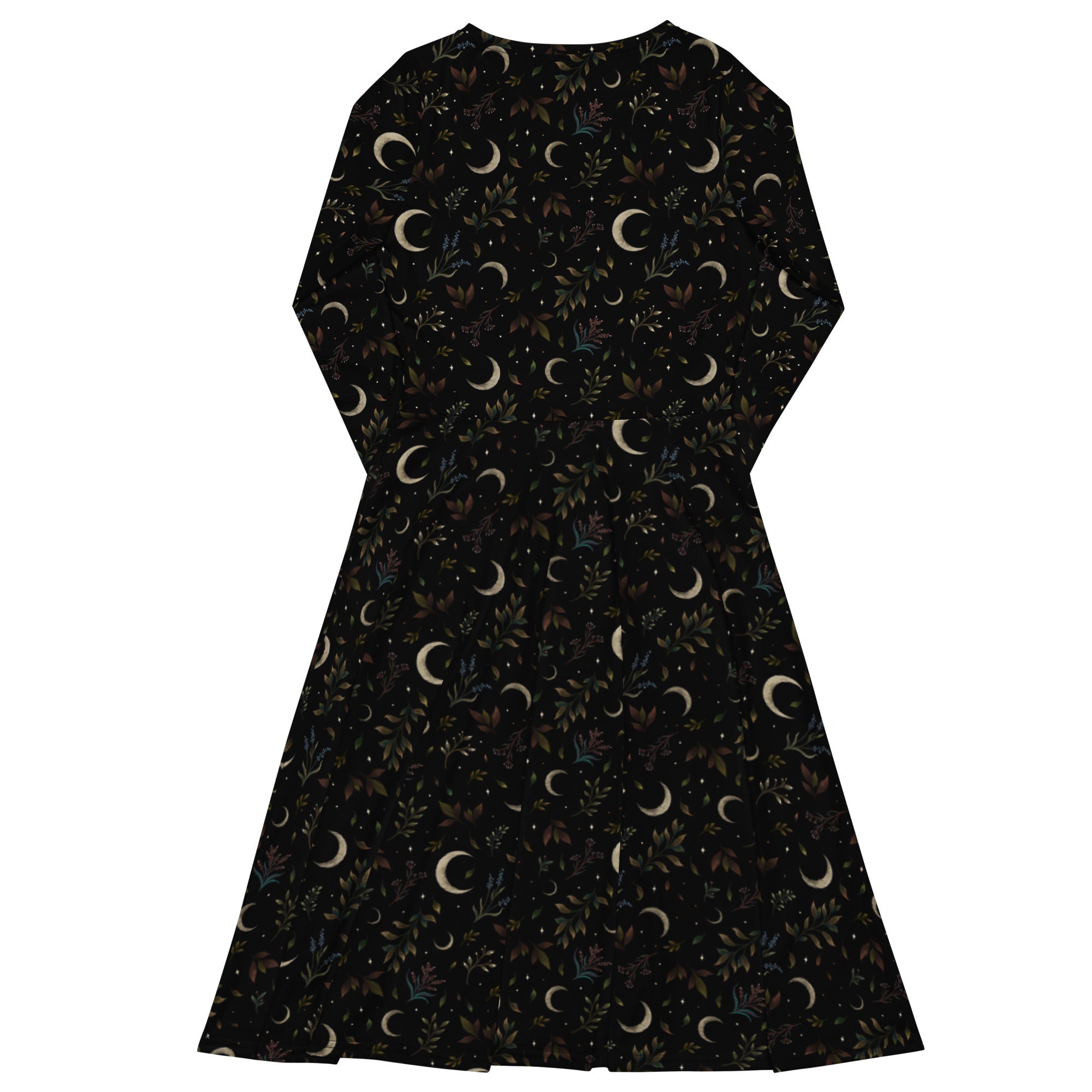 Nerdy Episodic Crescent Moon Garden Long Sleeve Midi Dress