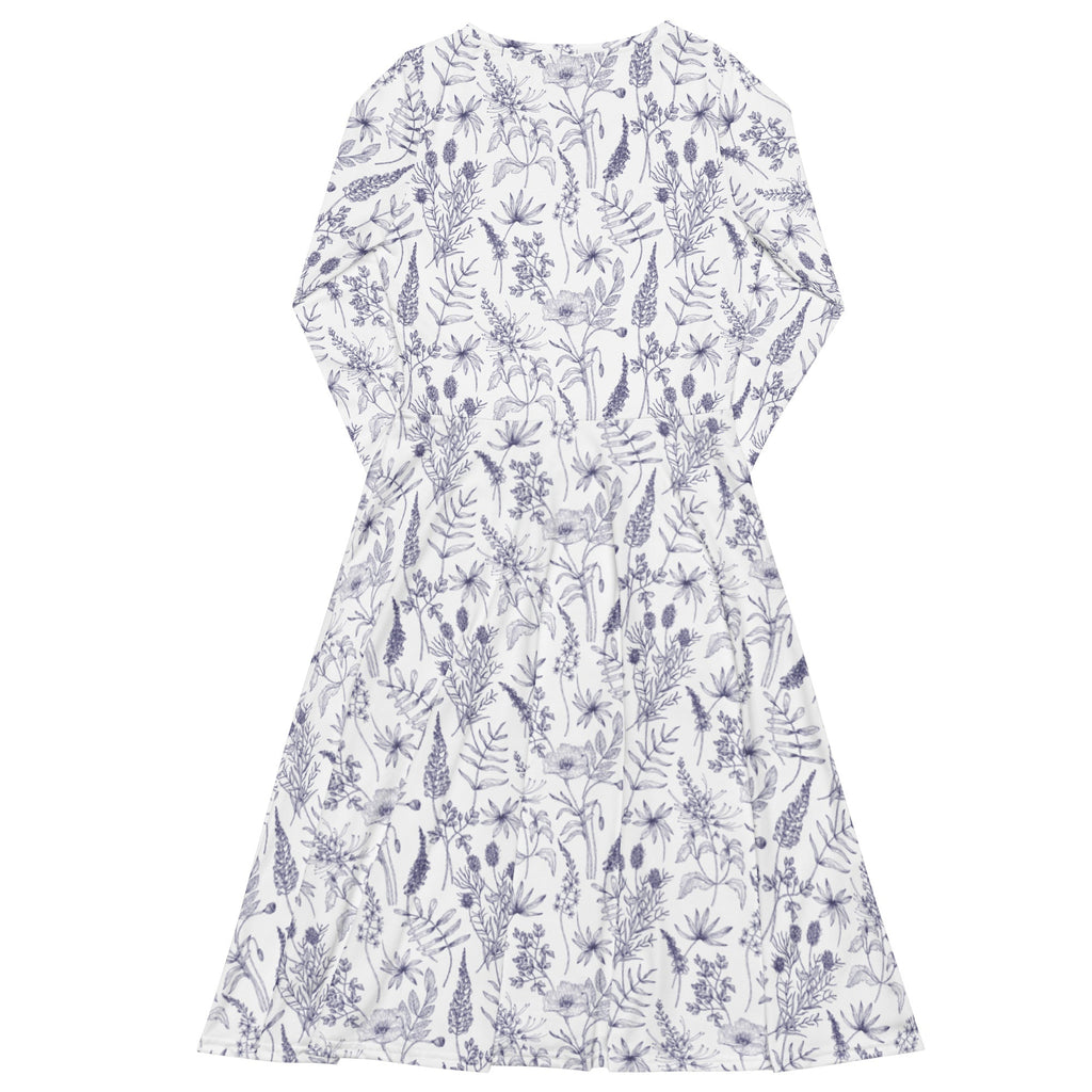 Nerdy Simple Botany Flowers Herbs White Blue Long Sleeve Midi Dress