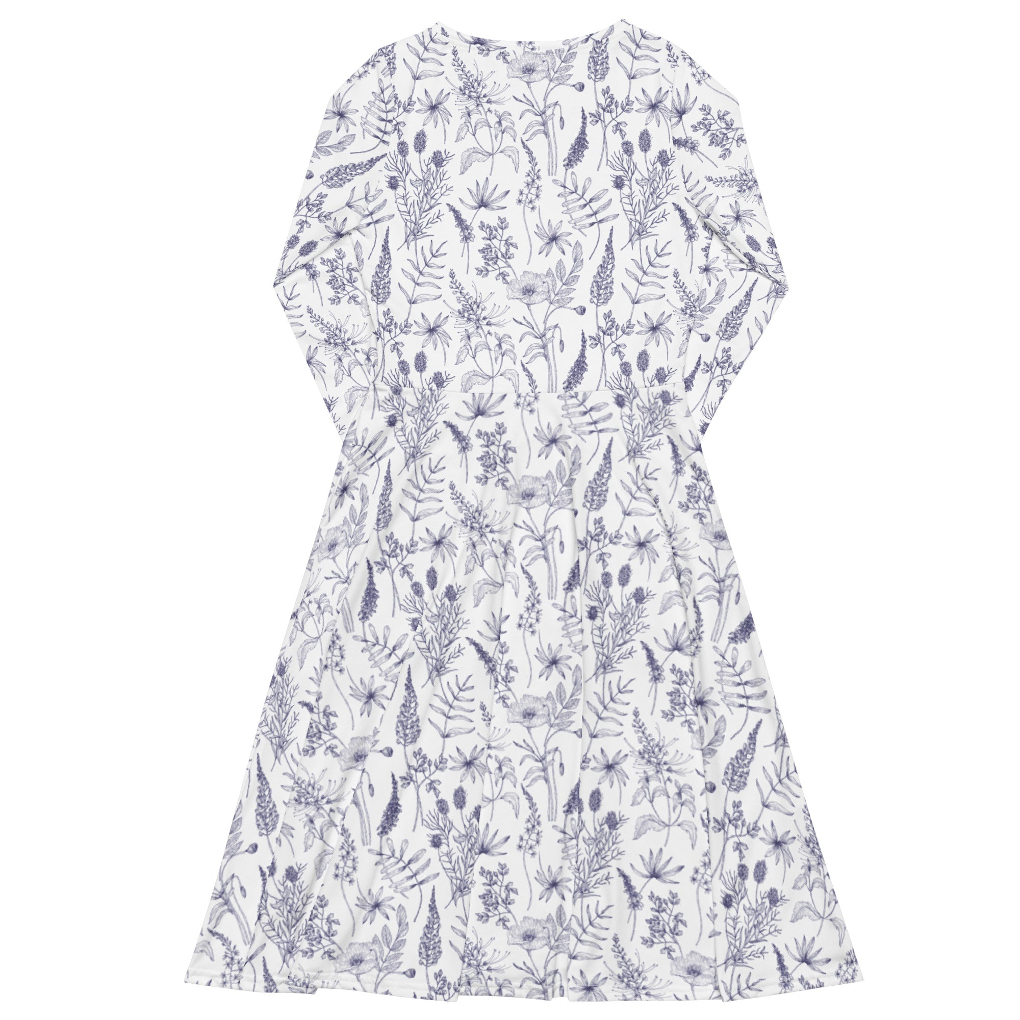 Nerdy Simple Botany Flowers Herbs White Blue Long Sleeve Midi Dress