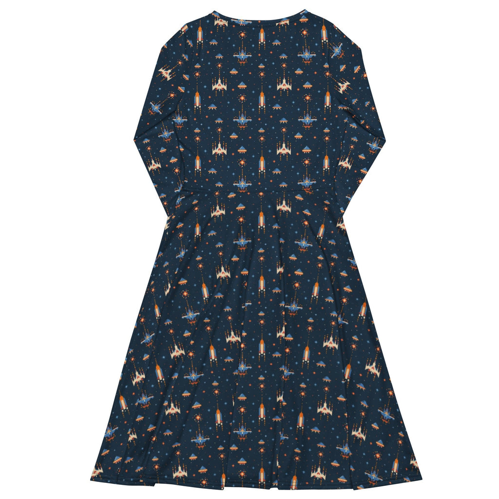 Nerdy Space Retro Arcade Long Sleeve Midi Dress