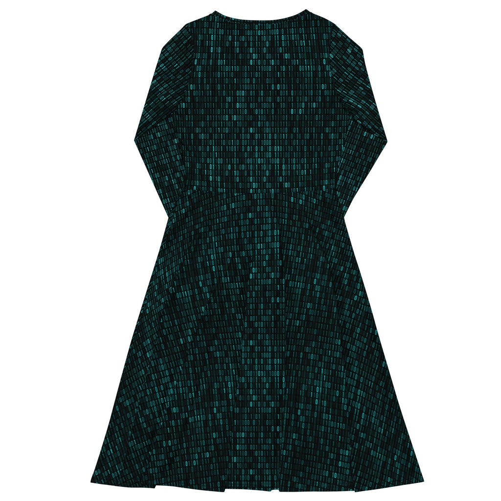 Nerdy Binary Computer 1s and 0s Teal Black Long Sleeve Midi Dress