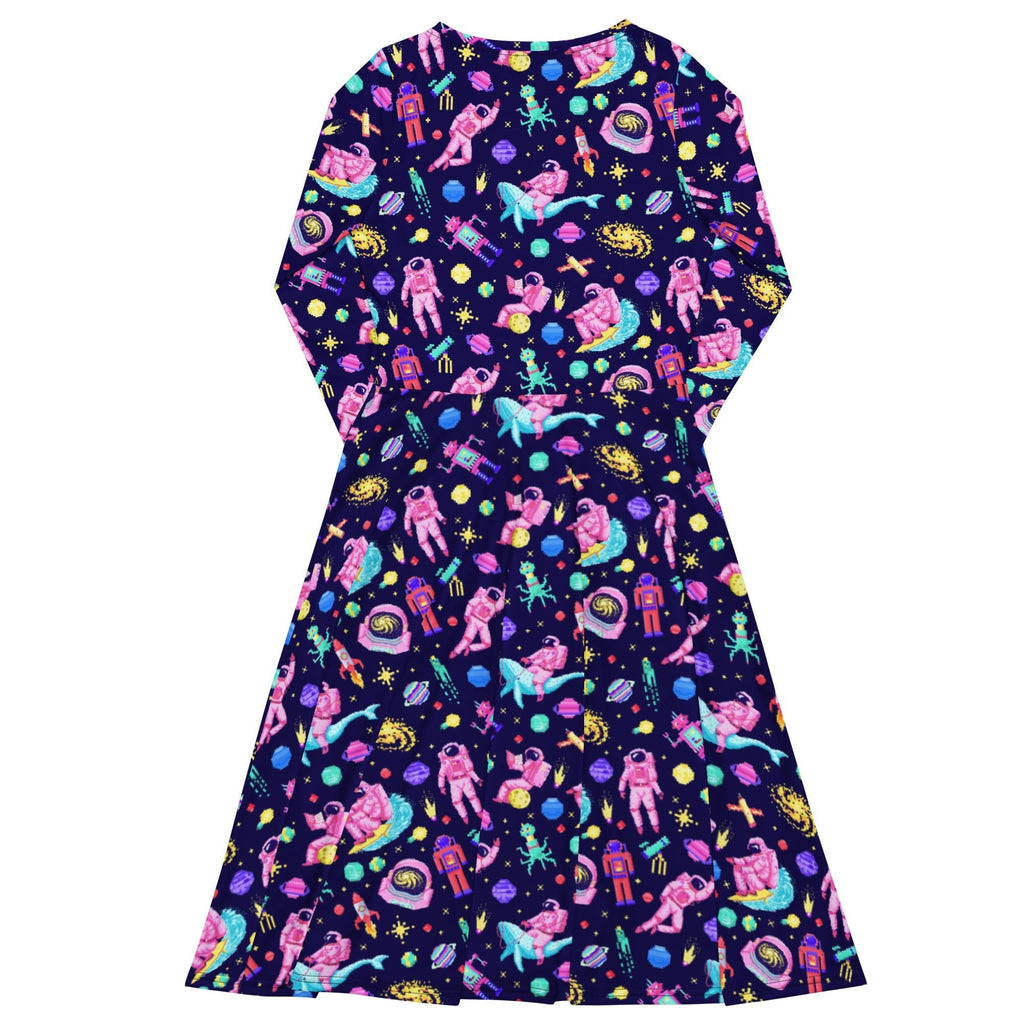 Nerdy Astronaut Pixels Outer Space Purple Blue Long Sleeve Midi Dress