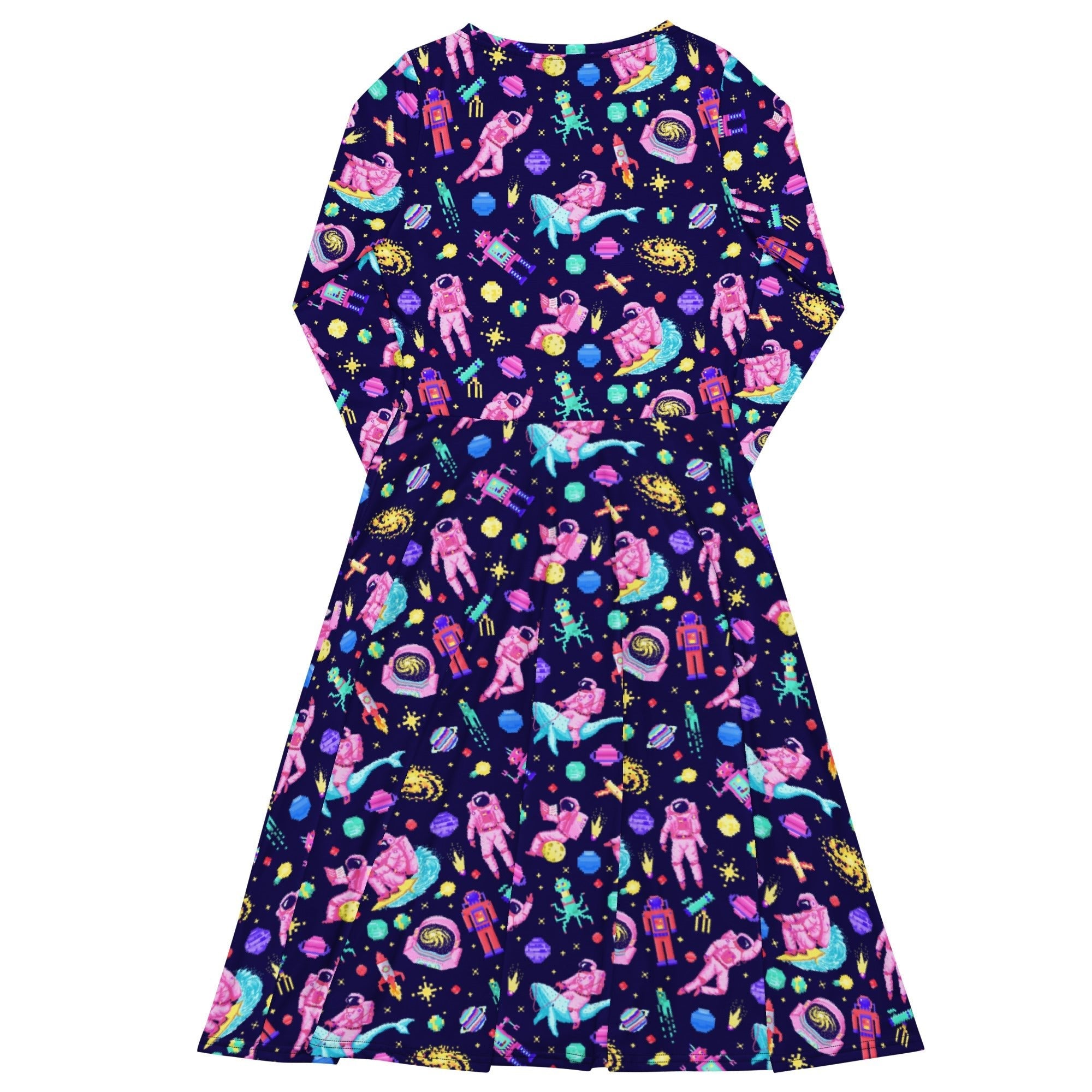 Nerdy Astronaut Pixels Outer Space Purple Blue Long Sleeve Midi Dress