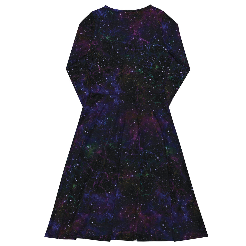 Nerdy Beautiful Nebula Outer Space Long Sleeve Midi Dress