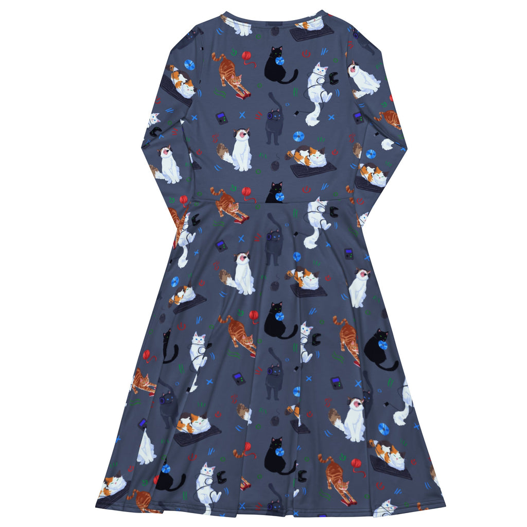 Nerdy Video Game Cats Light Long Sleeve Midi Dress
