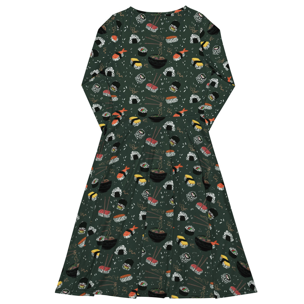 Nerdy Oishi Sushi Green Long Sleeve Midi Dress