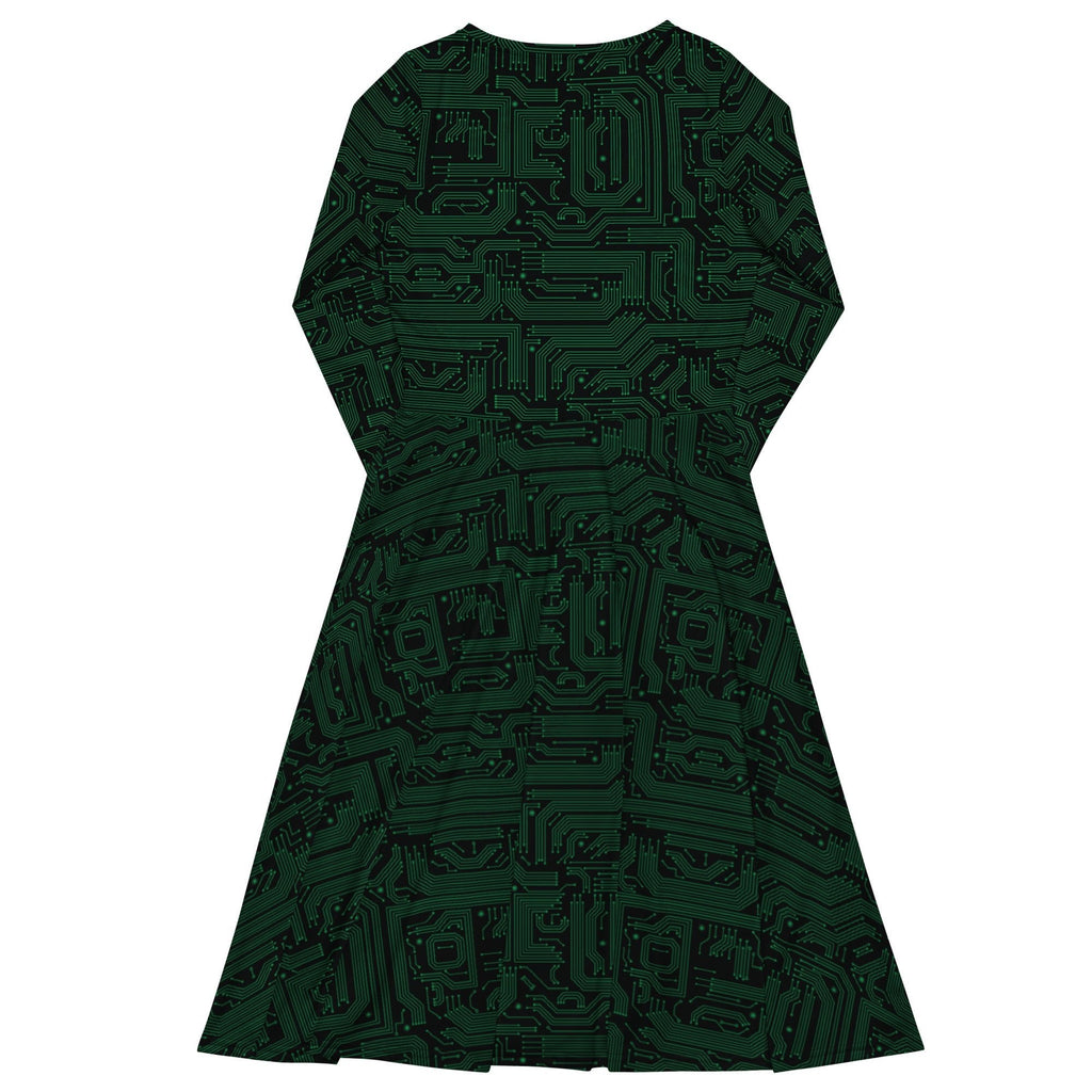 Nerdy Green Computer Circuits Long Sleeve Midi Dress
