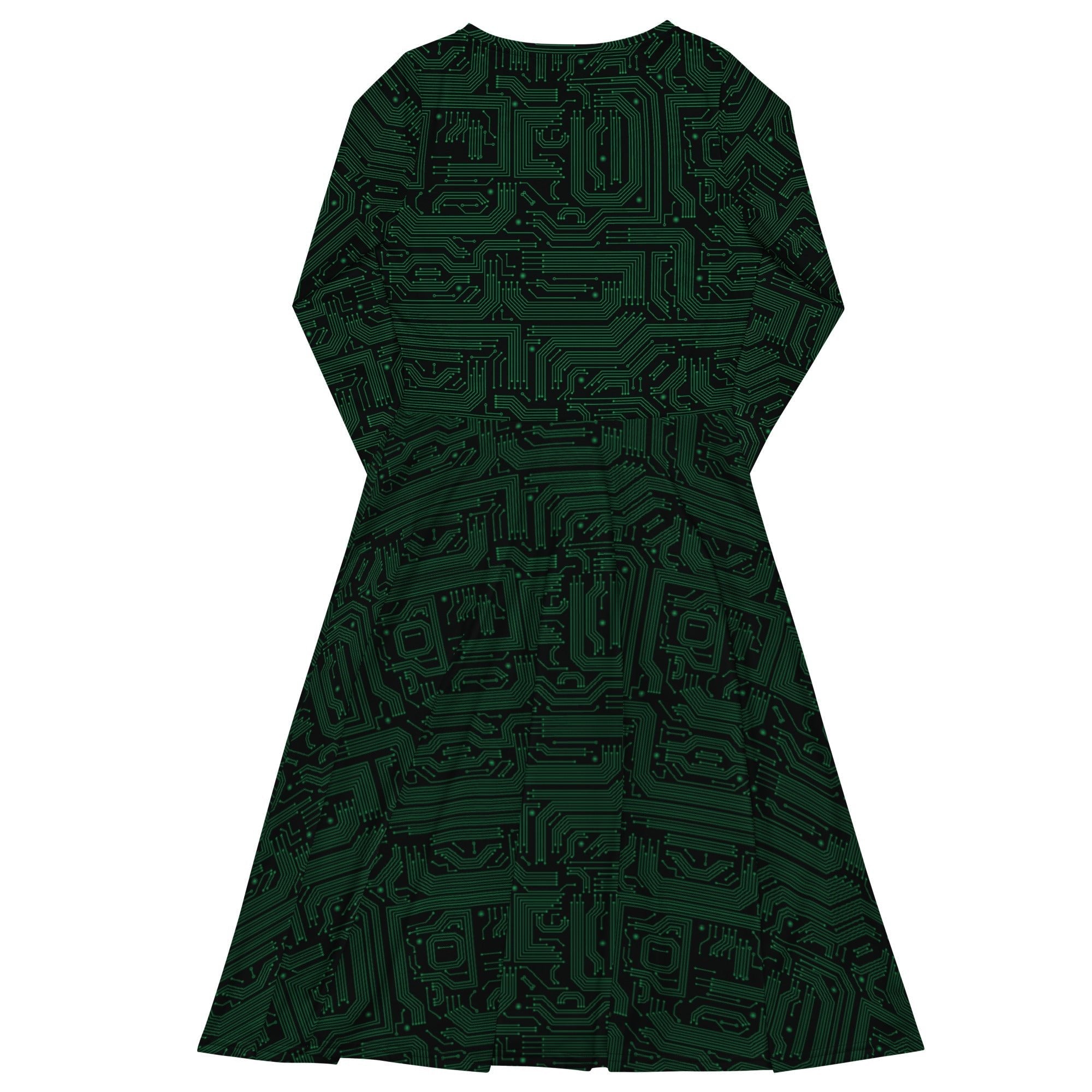 Nerdy Green Computer Circuits Long Sleeve Midi Dress