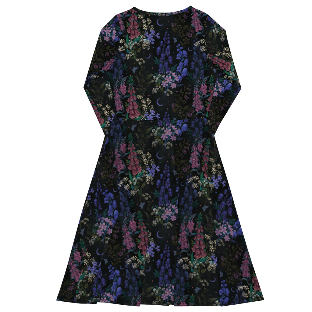 Nerdy Floral Purple Night Long Sleeve Midi Dress