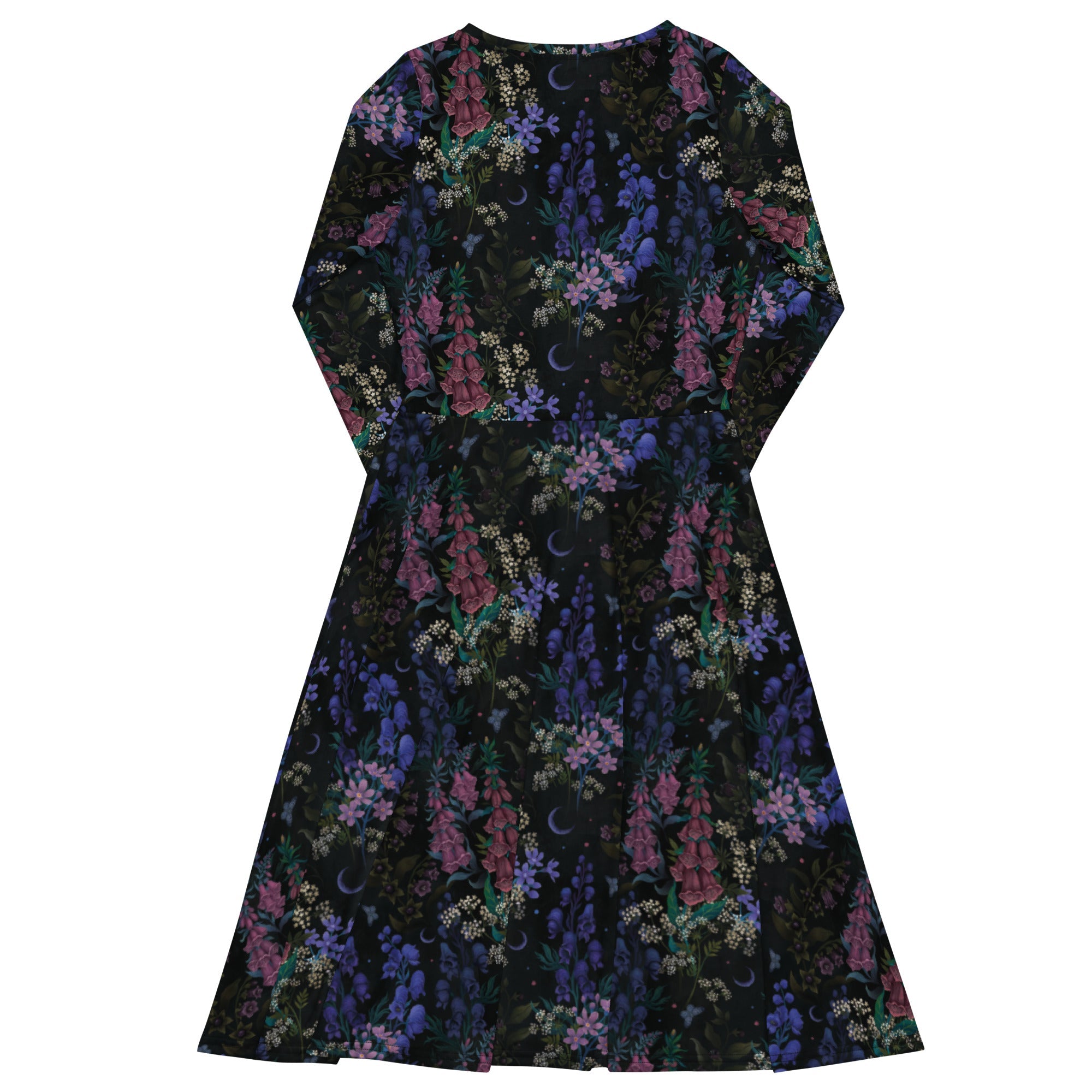 Nerdy Floral Purple Night Long Sleeve Midi Dress