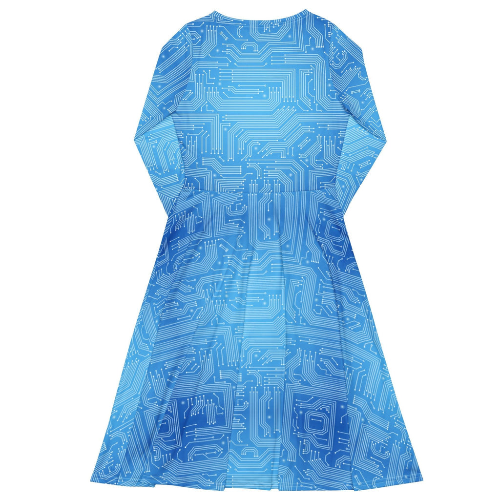 Nerdy Blue Computer Circuit Board Long Sleeve Midi Dress