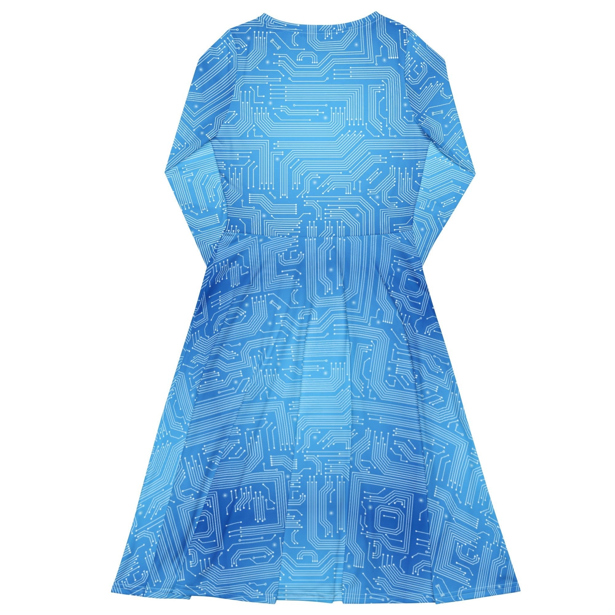 Nerdy Blue Computer Circuit Board Long Sleeve Midi Dress