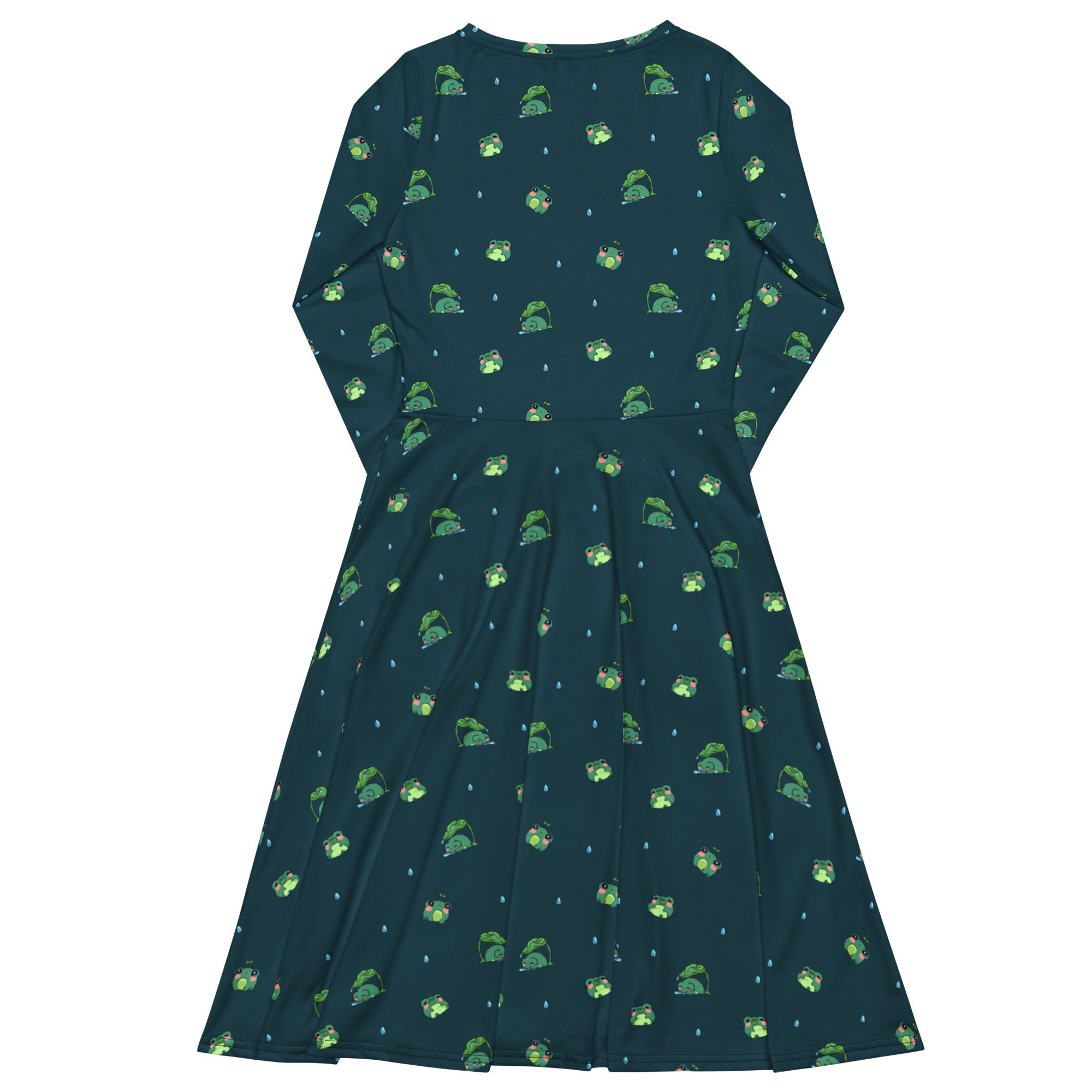 Nerdy Raining Frogs Dark Teal Long Sleeve Midi Dress