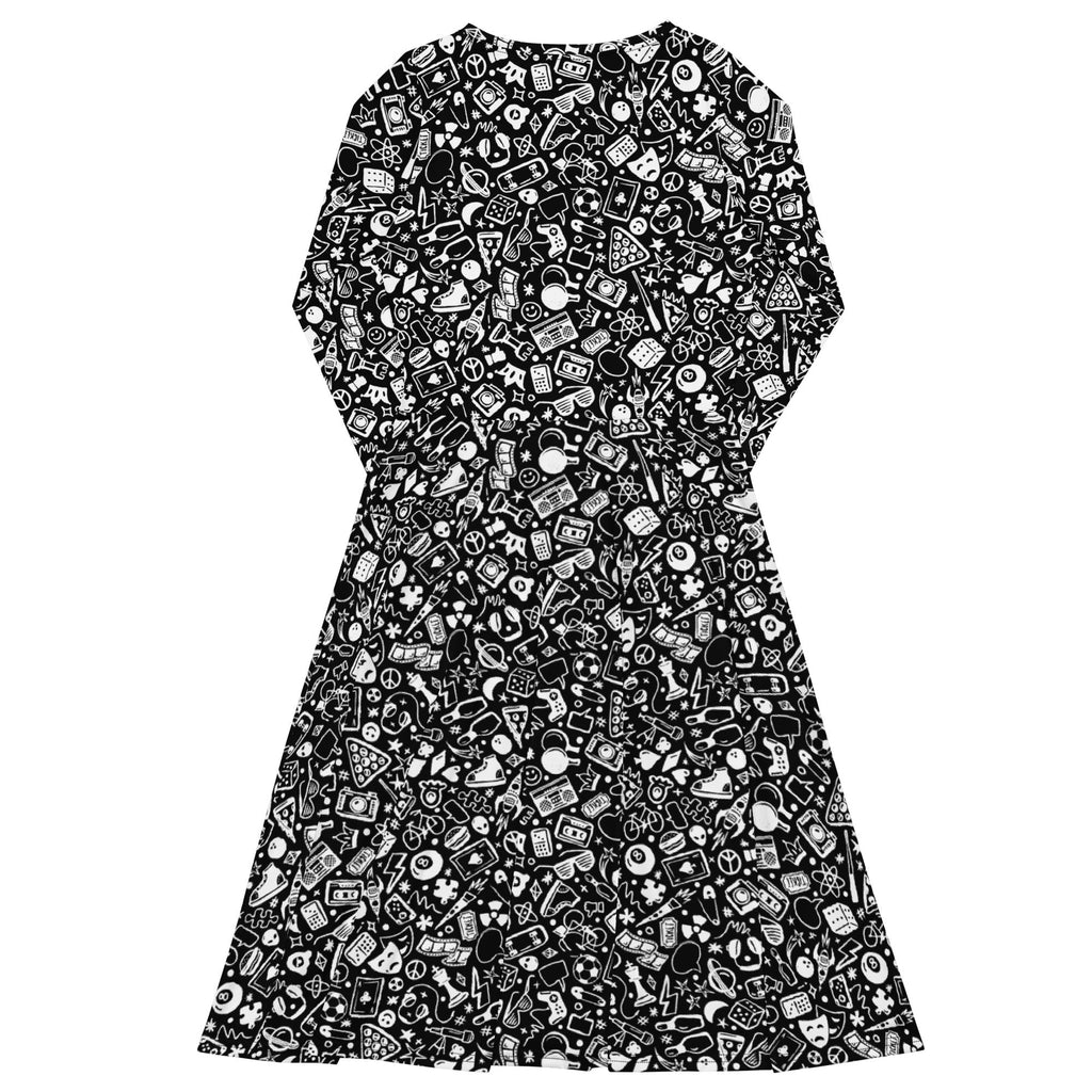 Nerdy Nerdy Doodles Black Long Sleeve Midi Dress