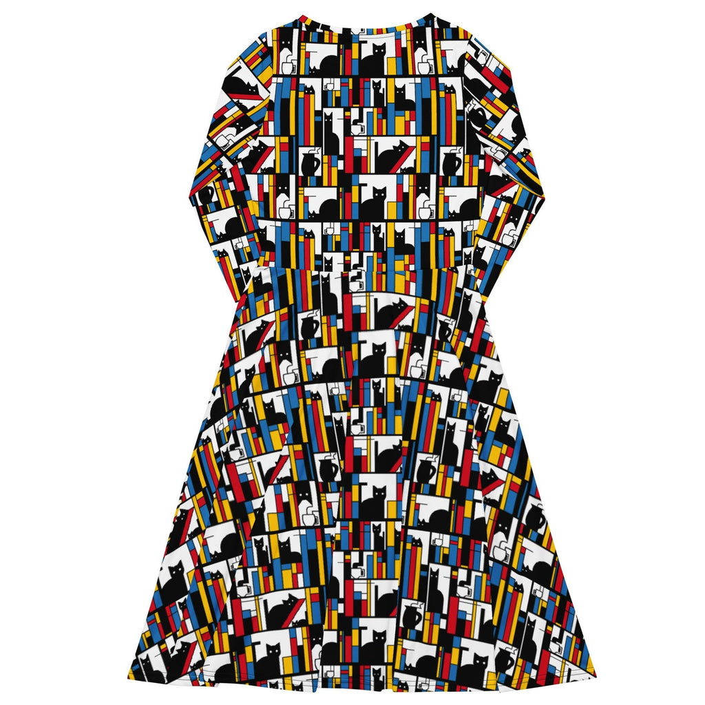 Nerdy Mondrian Cat Library Long Sleeve Midi Dress