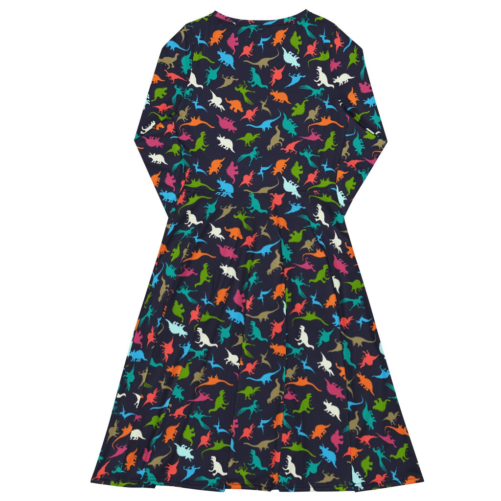 Nerdy Colorful Dinosaur Silhouettes Navy Long Sleeve Midi Dress