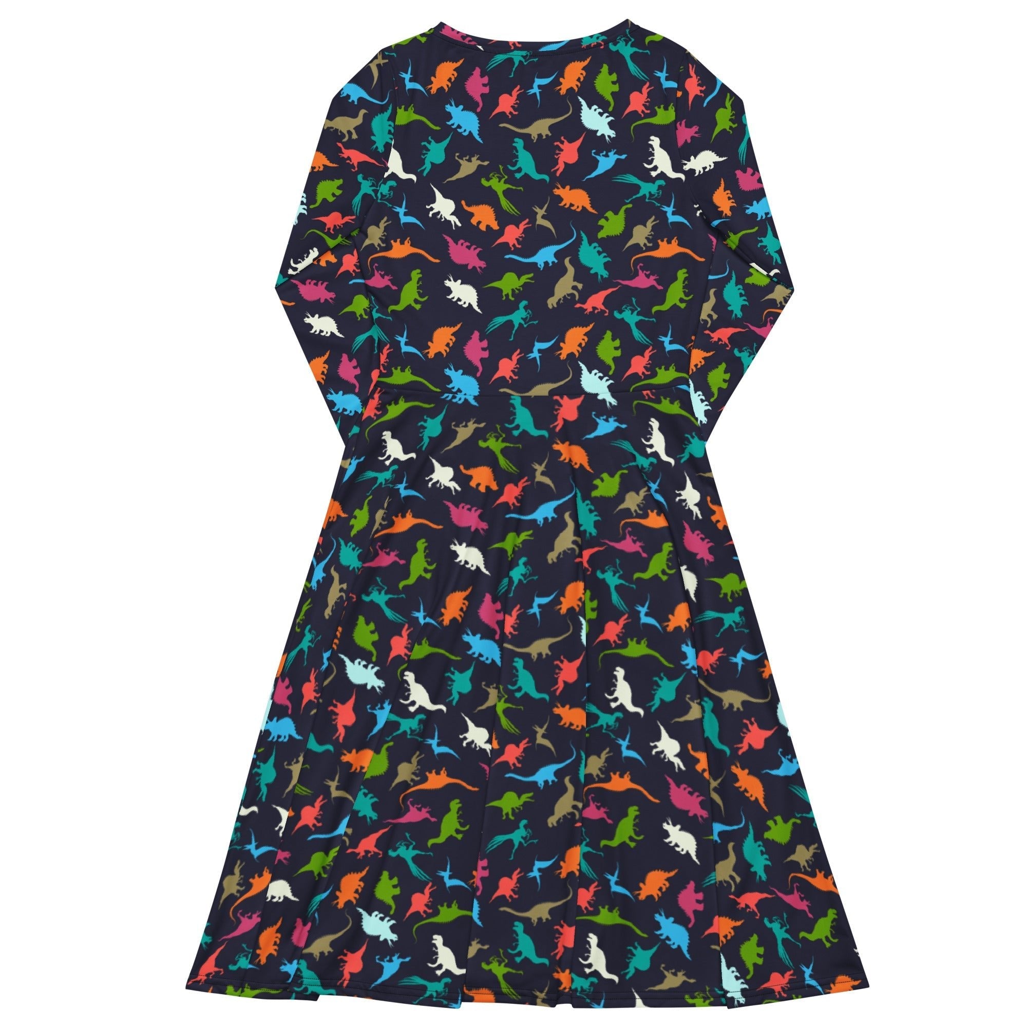 Nerdy Colorful Dinosaur Silhouettes Navy Long Sleeve Midi Dress