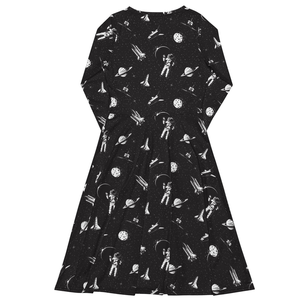 Nerdy Space Mission Black Outer Space Long Sleeve Midi Dress