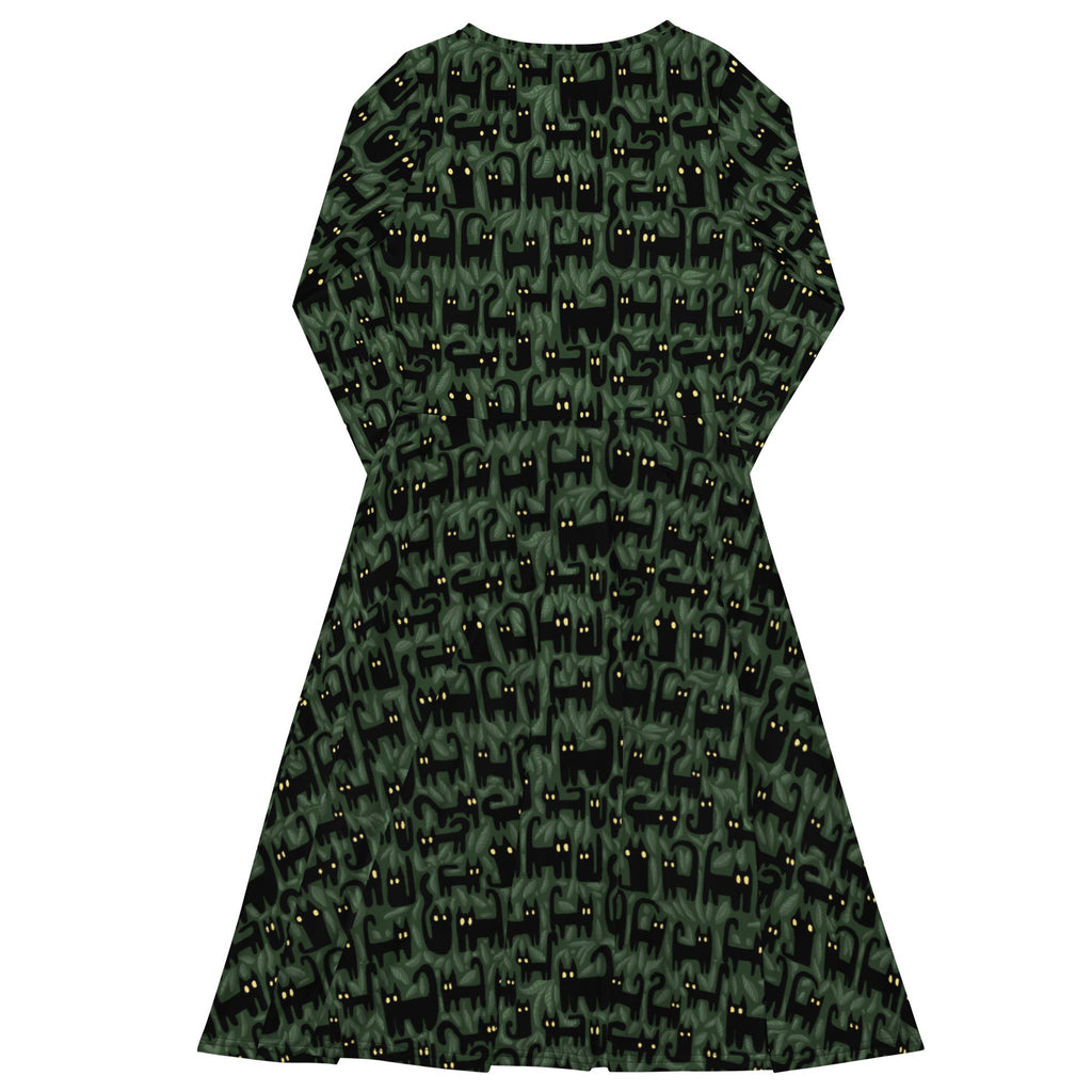Nerdy Cats in the Leaves Long Sleeve Midi Dress