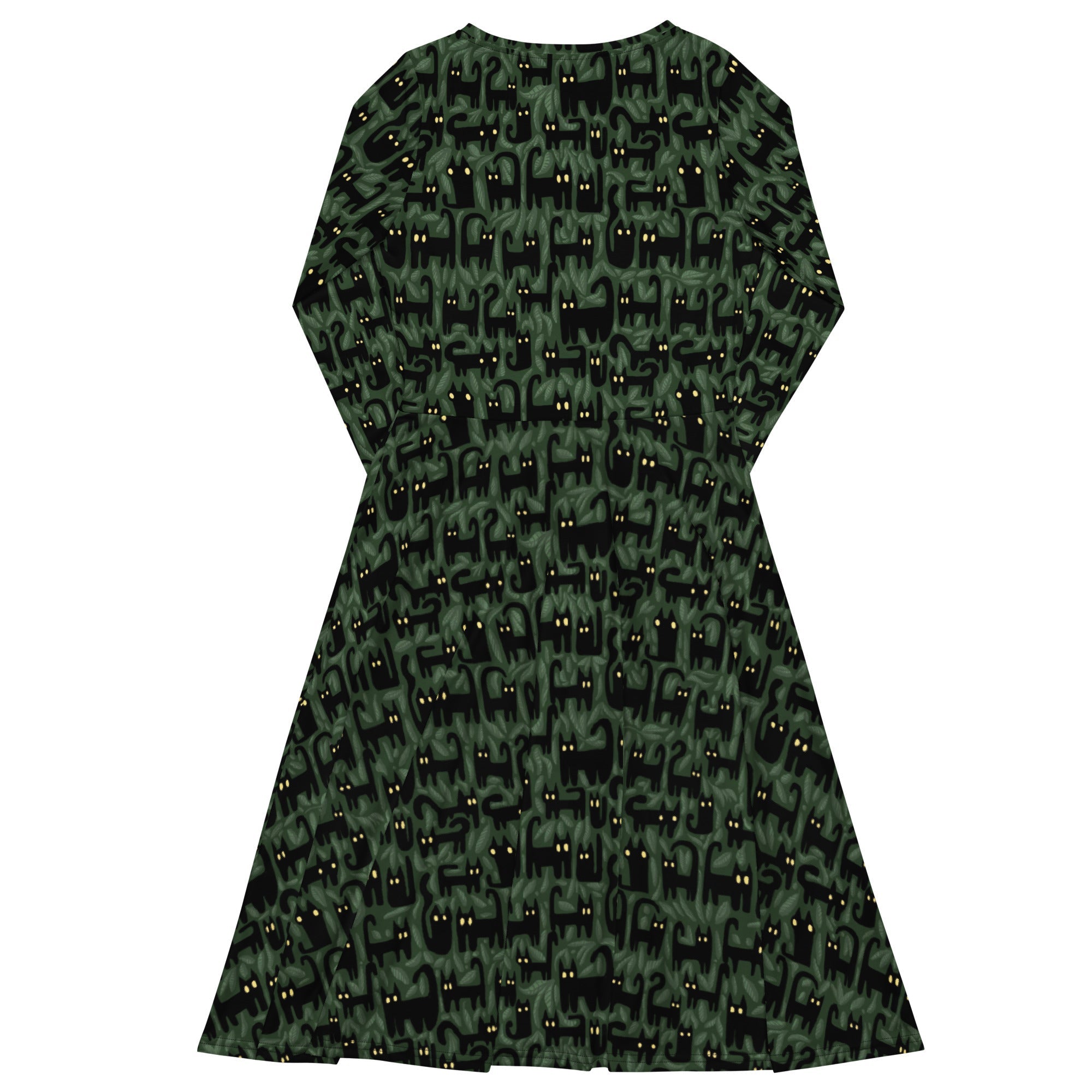 Nerdy Cats in the Leaves Long Sleeve Midi Dress