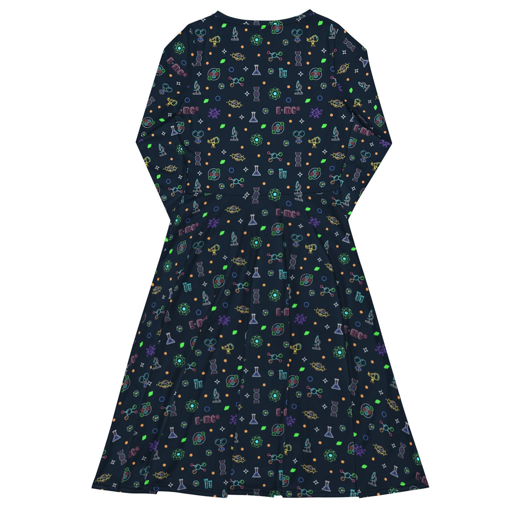 Nerdy Science DNA Molecules Dark Navy Long Sleeve Midi Dress