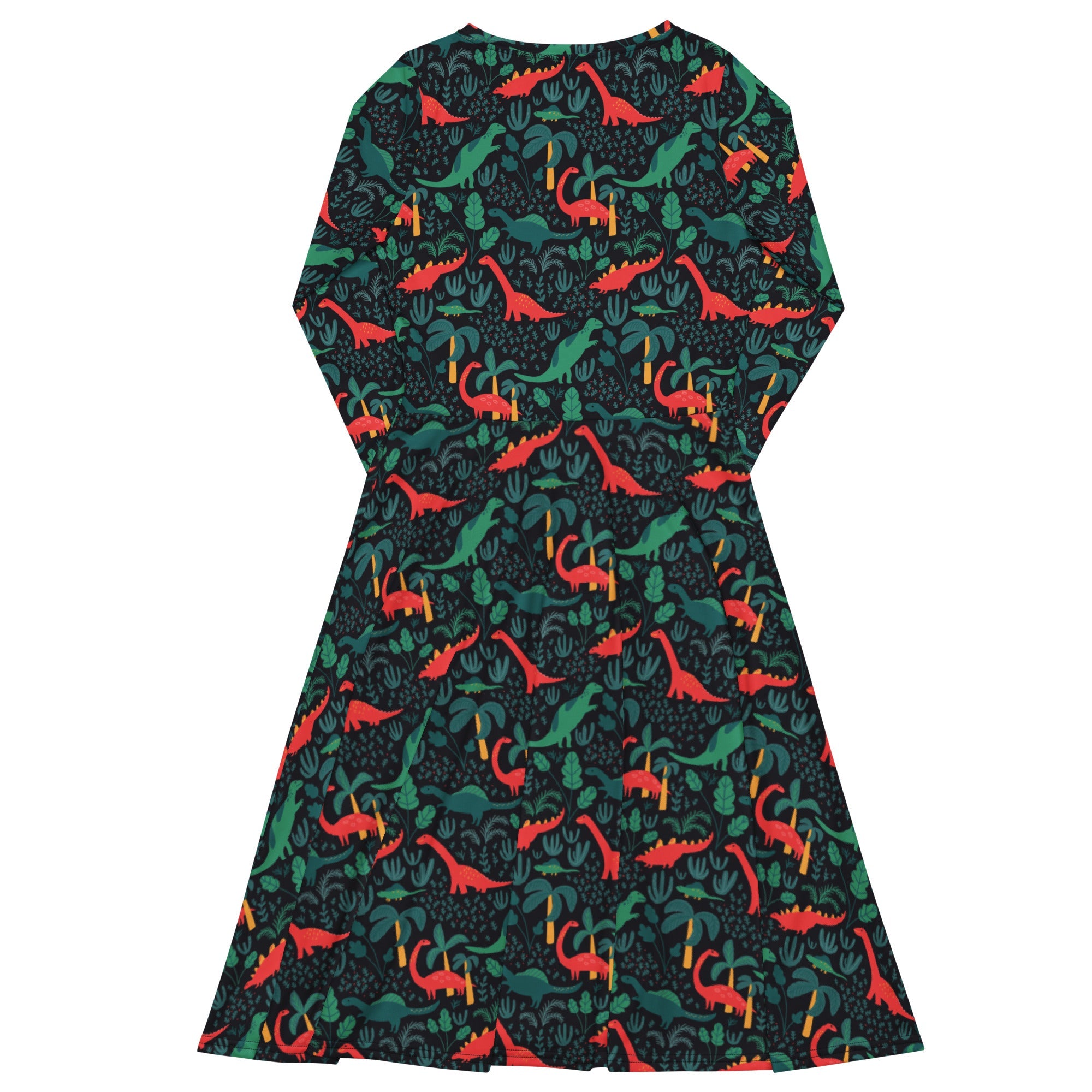 Nerdy Tropical Dinosaur Green Aloha Long Sleeve Midi Dress