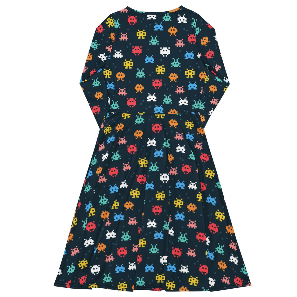 Nerdy Pixel Monsters Teal Video Game Long Sleeve Midi Dress