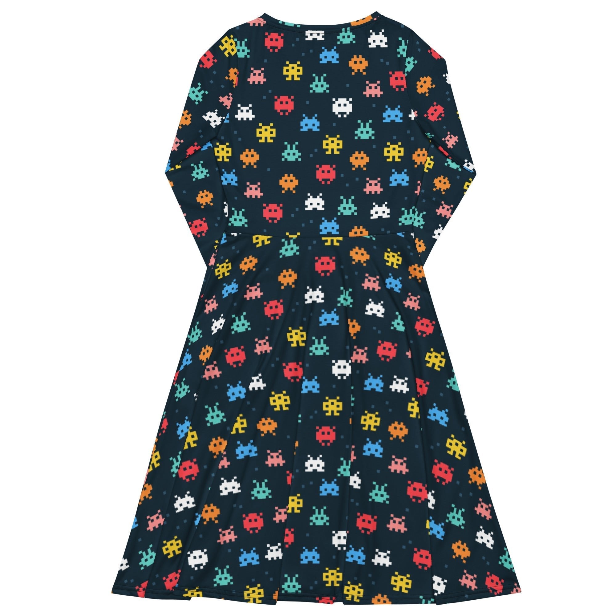 Nerdy Pixel Monsters Teal Video Game Long Sleeve Midi Dress