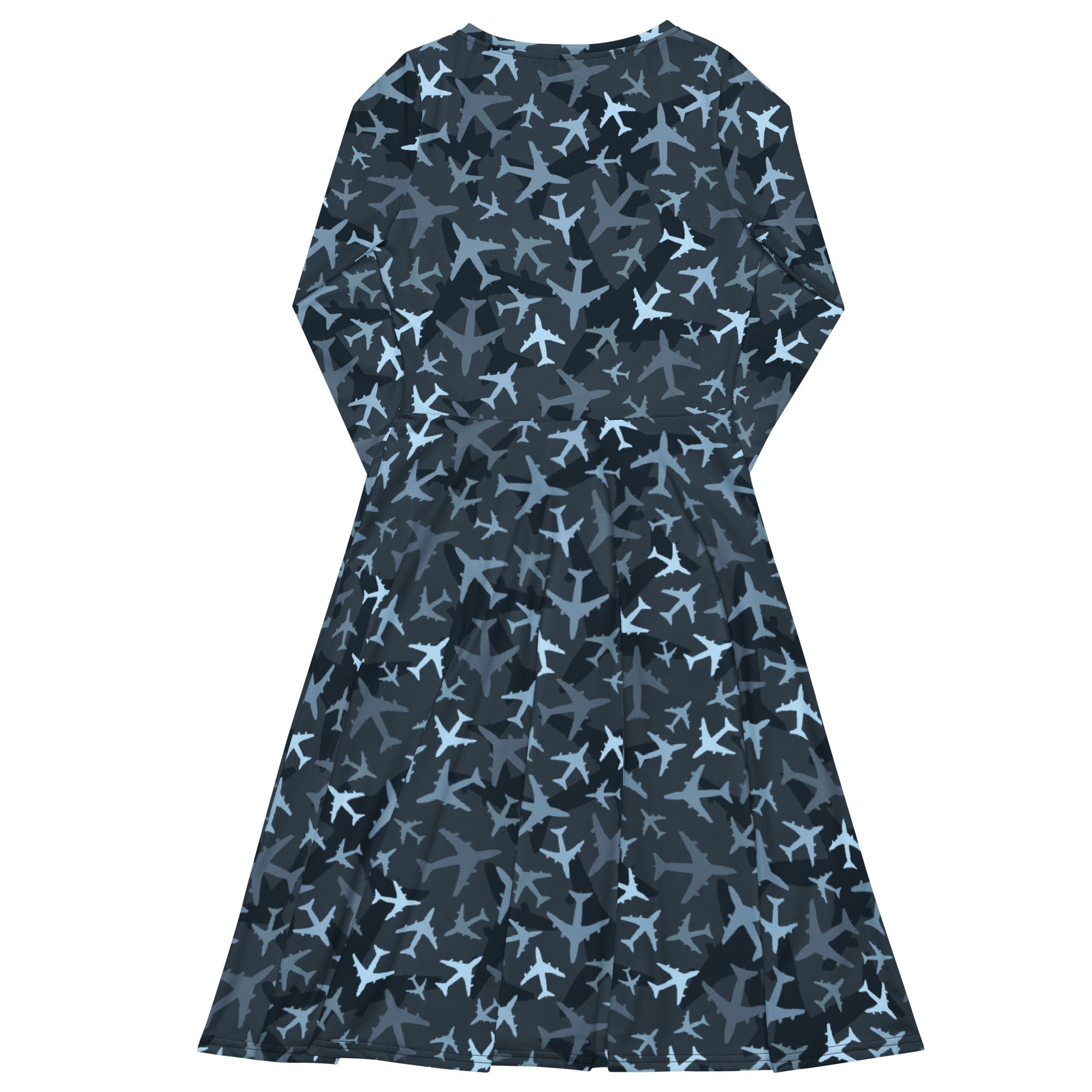 Nerdy Airplanes Blue Camouflage Blue Long Sleeve Midi Dress