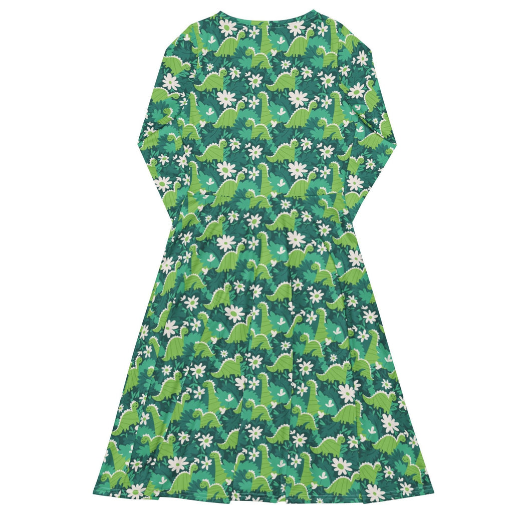 Nerdy Dinosaur Smiles Flowers and Leaves Long Sleeve Midi Dress