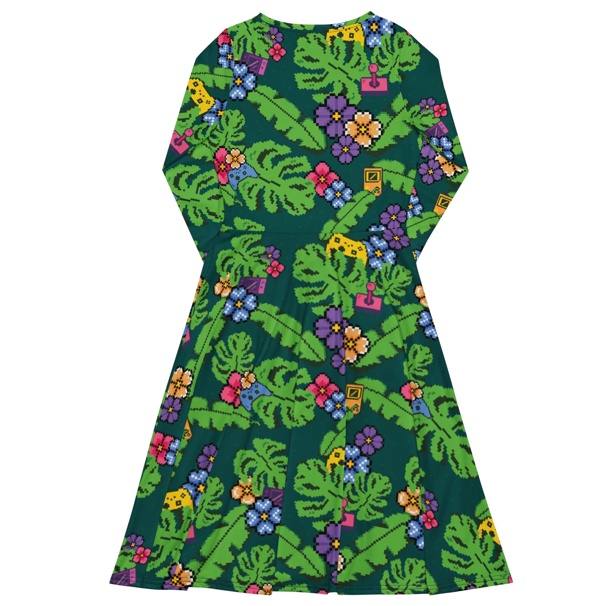 Nerdy Tropical Video Game Pixels Long Sleeve Midi Dress