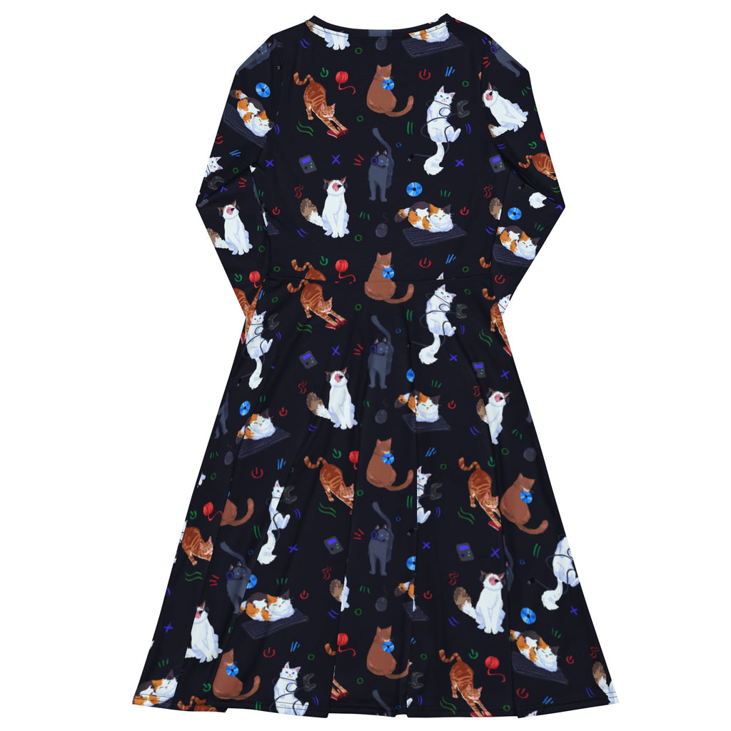 Nerdy Video Game Cats Dark Long Sleeve Midi Dress