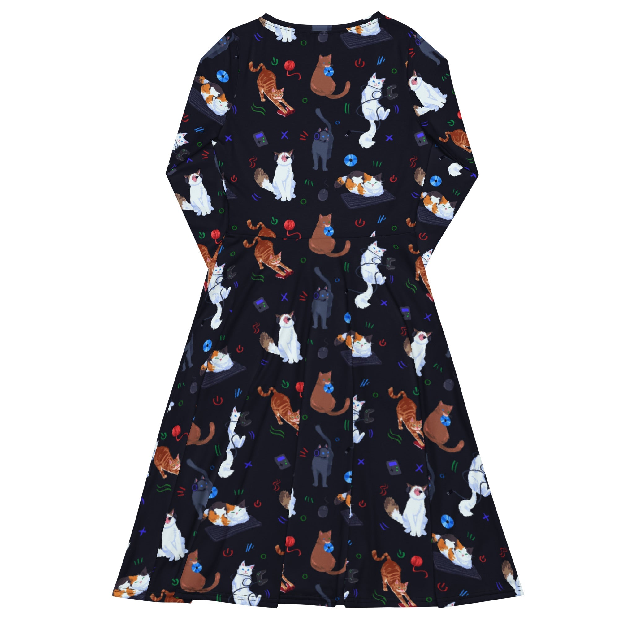 Nerdy Video Game Cats Dark Long Sleeve Midi Dress