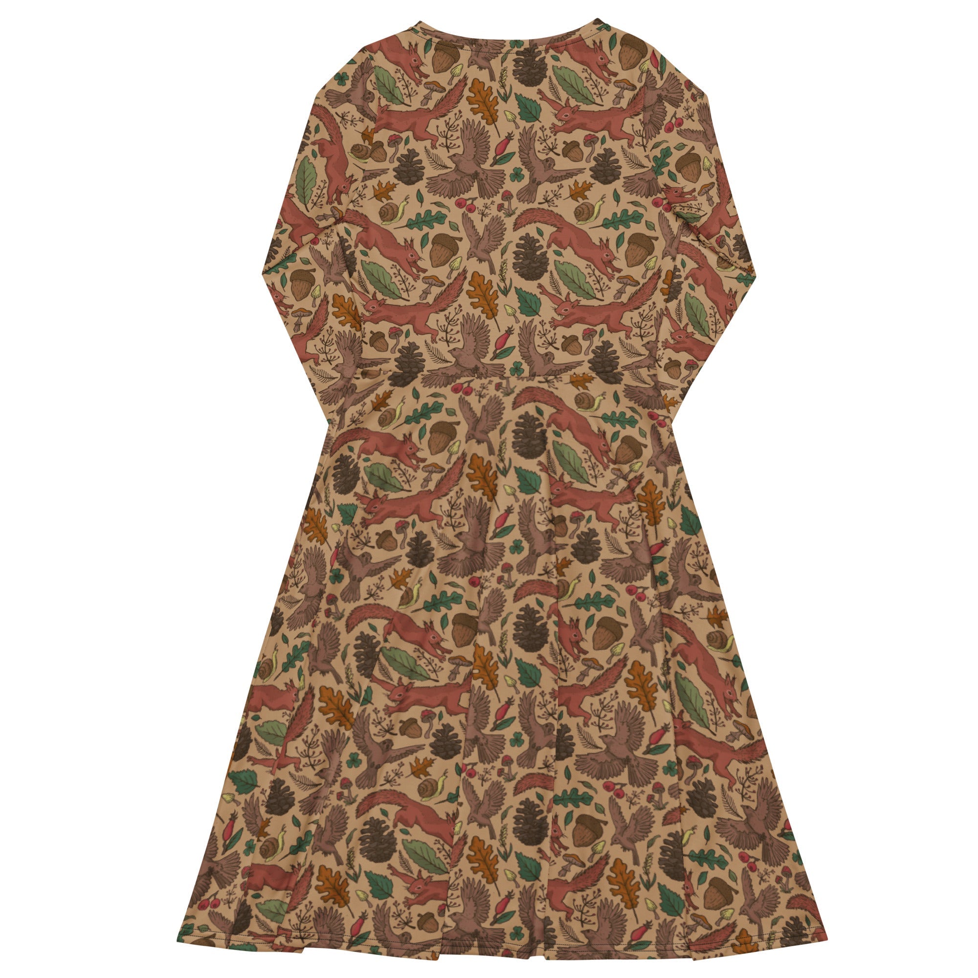 Nerdy Fall Squirrel Long Sleeve Midi Dress