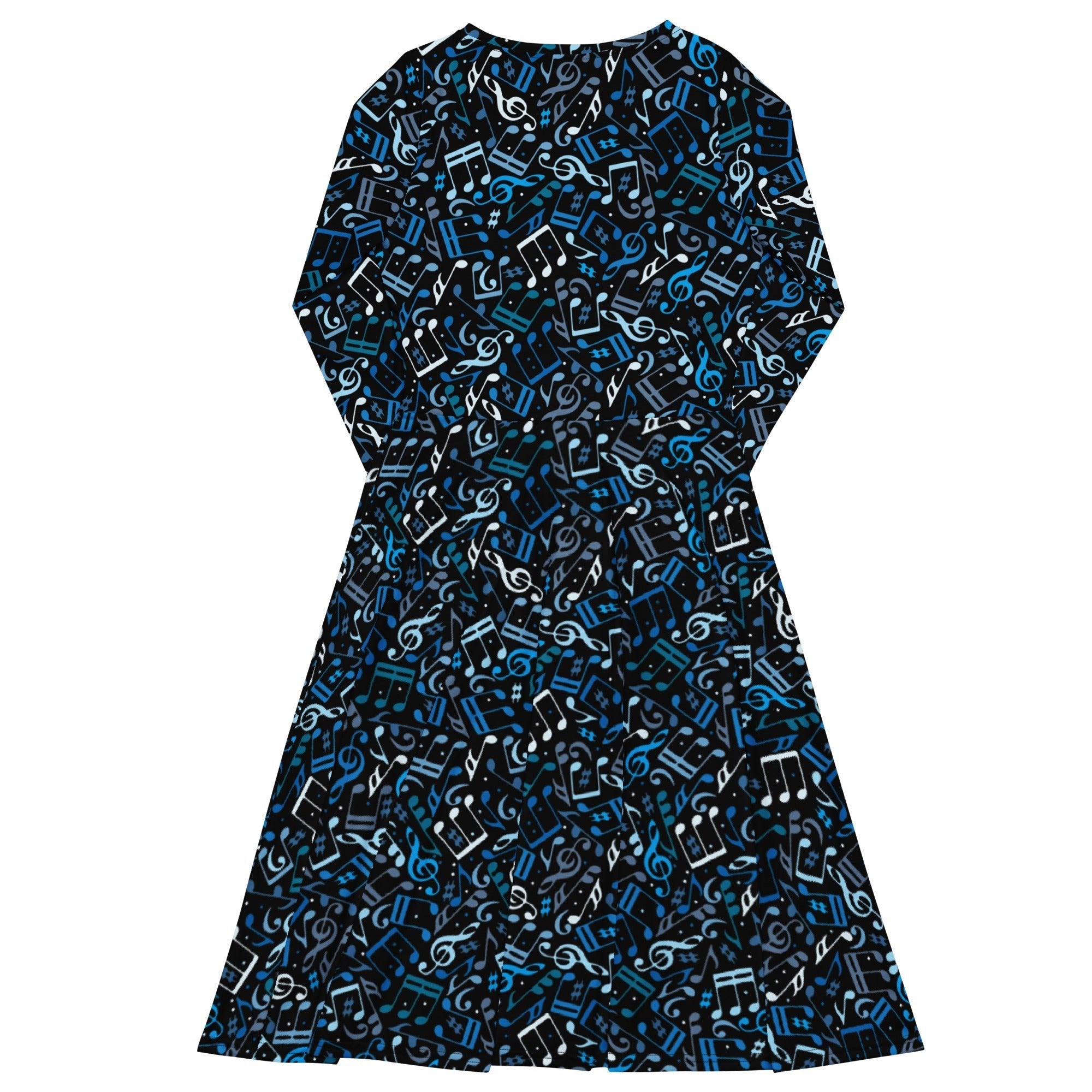 Nerdy Dotted Blue Musical Notes Black Long Sleeve Midi Dress