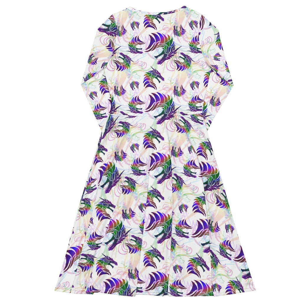 Nerdy Rainbow Dragons and Unicorns Long Sleeve Midi Dress