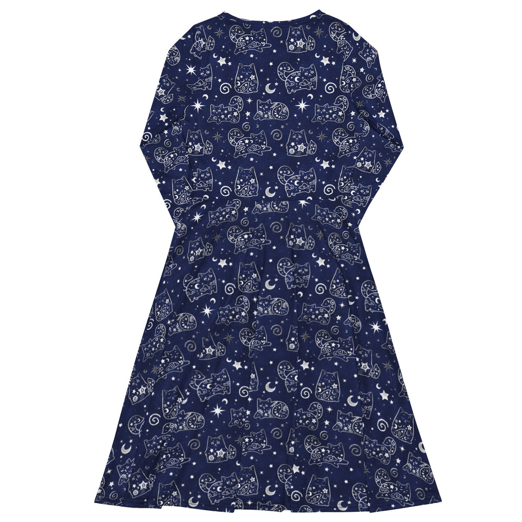 Nerdy Star Cats Long Sleeve Midi Dress