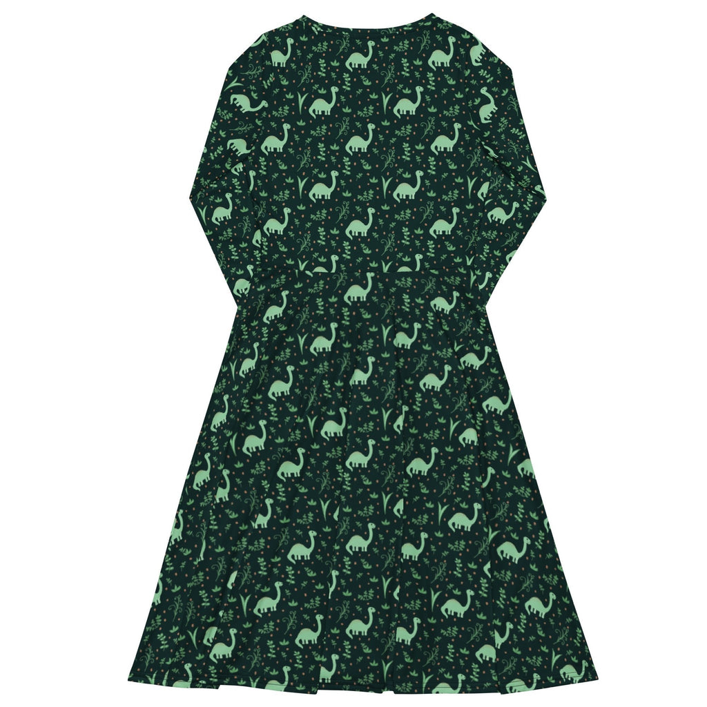 Nerdy Dino Green Tropics Green Dinosaur Long Sleeve Midi Dress