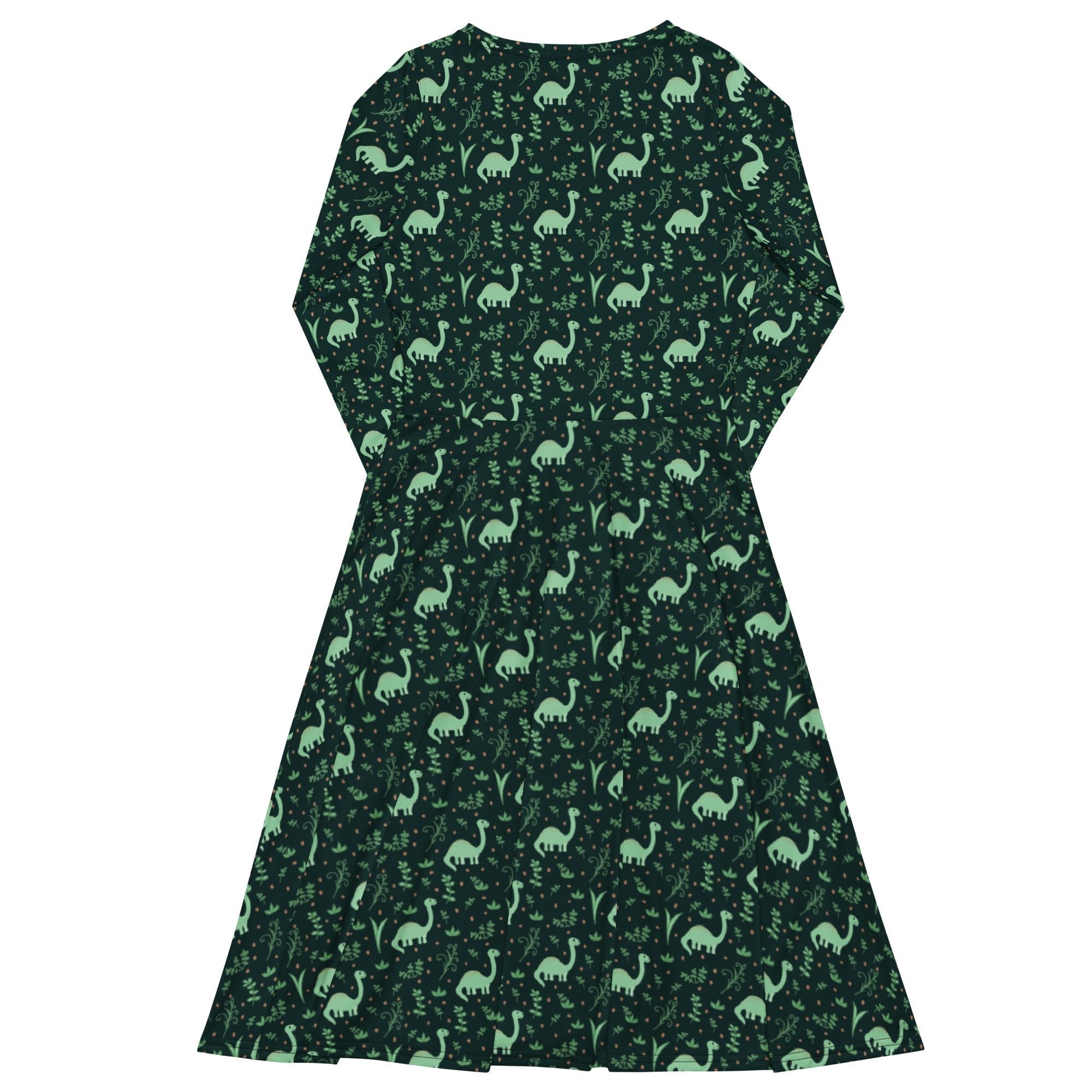 Nerdy Dino Green Tropics Green Dinosaur Long Sleeve Midi Dress