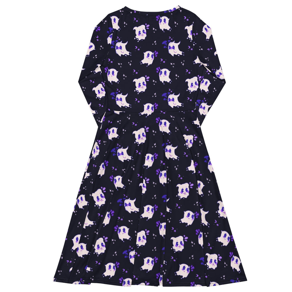 Nerdy Anxious Ghosts Purple Long Sleeve Midi Dress
