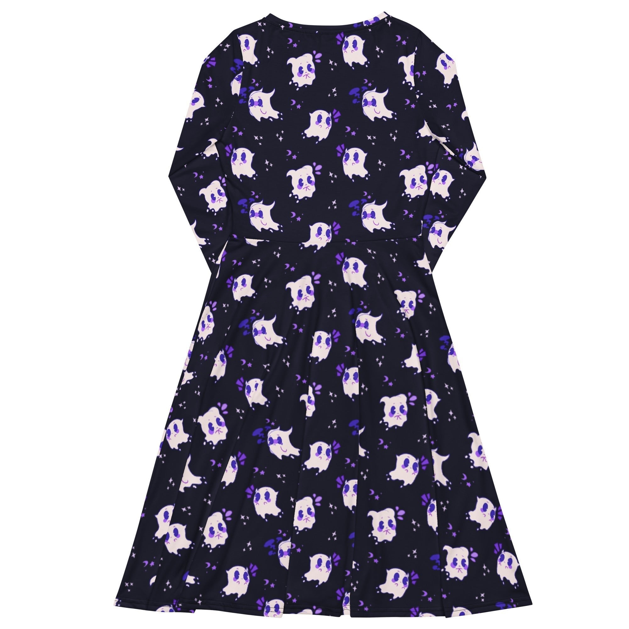 Nerdy Anxious Ghosts Purple Long Sleeve Midi Dress