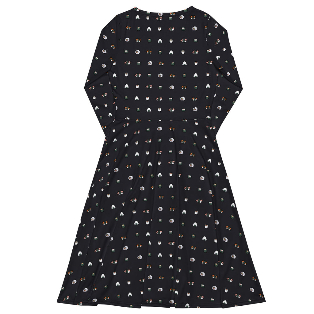 Nerdy Anime Sushi Rolls Dark Long Sleeve Midi Dress