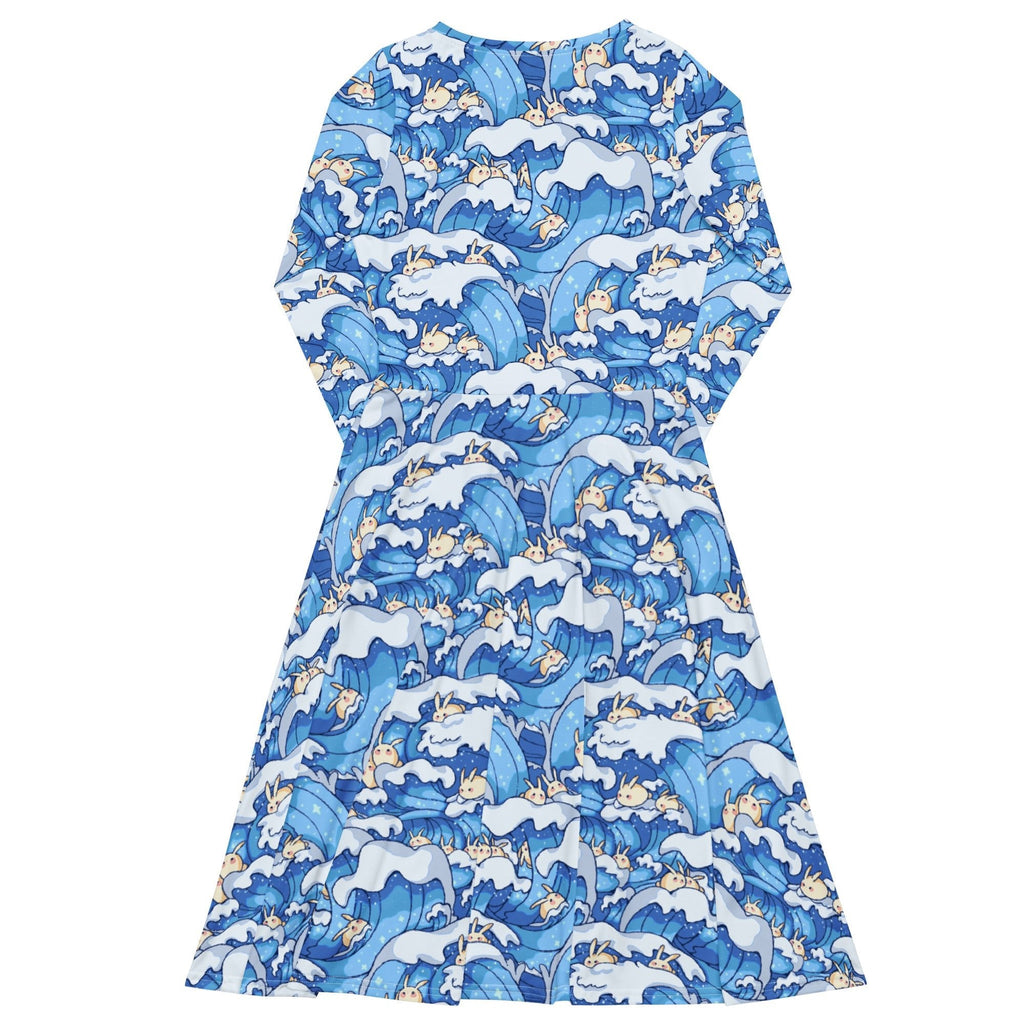 Nerdy Surfer Bunnies Anime Long Sleeve Midi Dress