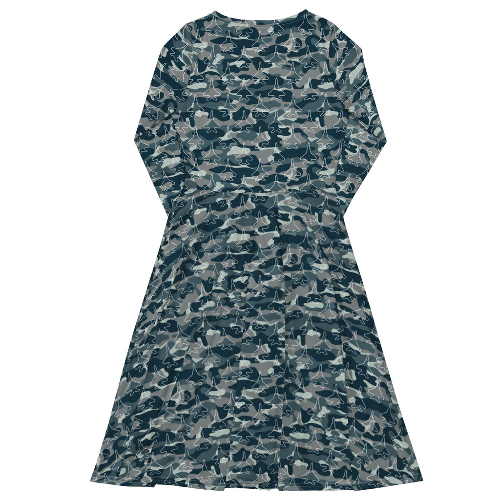 Military Fighter Jet Navy Camo Blue Long Sleeve Midi Dress 8
