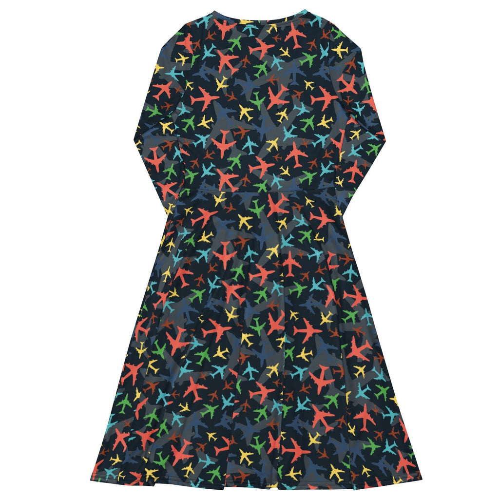 Multi Colored Airplanes on Blue Long Sleeve Midi Dress 8
