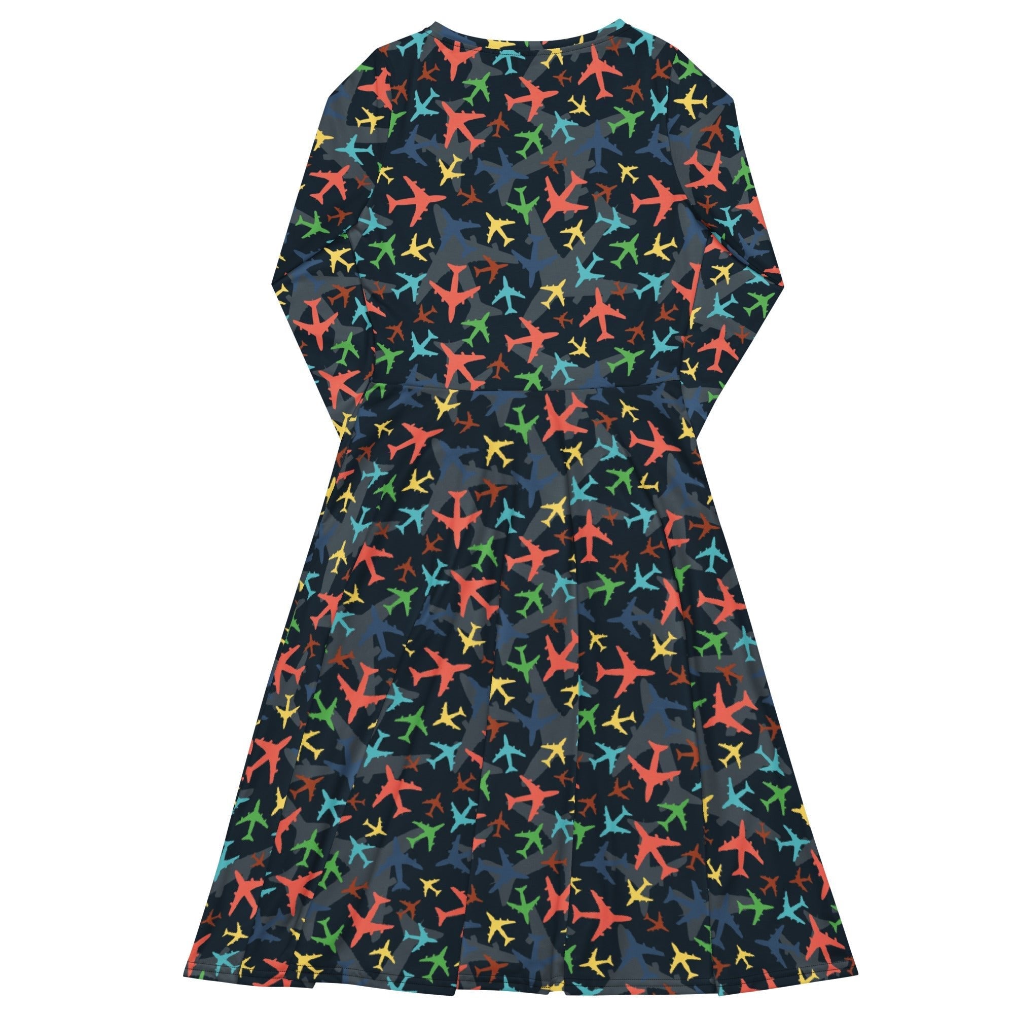 Multi Colored Airplanes on Blue Long Sleeve Midi Dress 8
